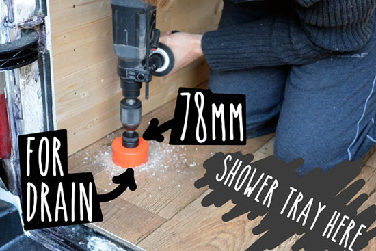 Cutting shower drain in floor of van