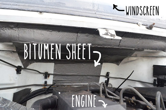 Sticking bitumen sheet in engine bay