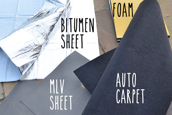 Here are the 4 different materials I used for the sound deadening: bitumen sheet with sticky back, mass loaded vinyl, carpet and foam