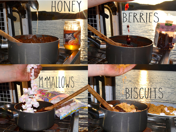 Mix in honey, whatever berries, marshmallows and digestive biscuits. Forget about exact amounts.