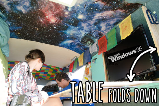 My second favourite thing is the secret screen–a big computer screen behind the fold down table used for processing photos. Want one.