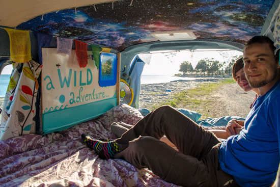 The bed folds out to be the full width of the van. The ceiling is my favourite thing