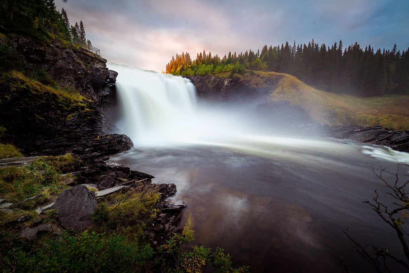 a wide view of Tännforsen waterfall in Jämtland Sweden