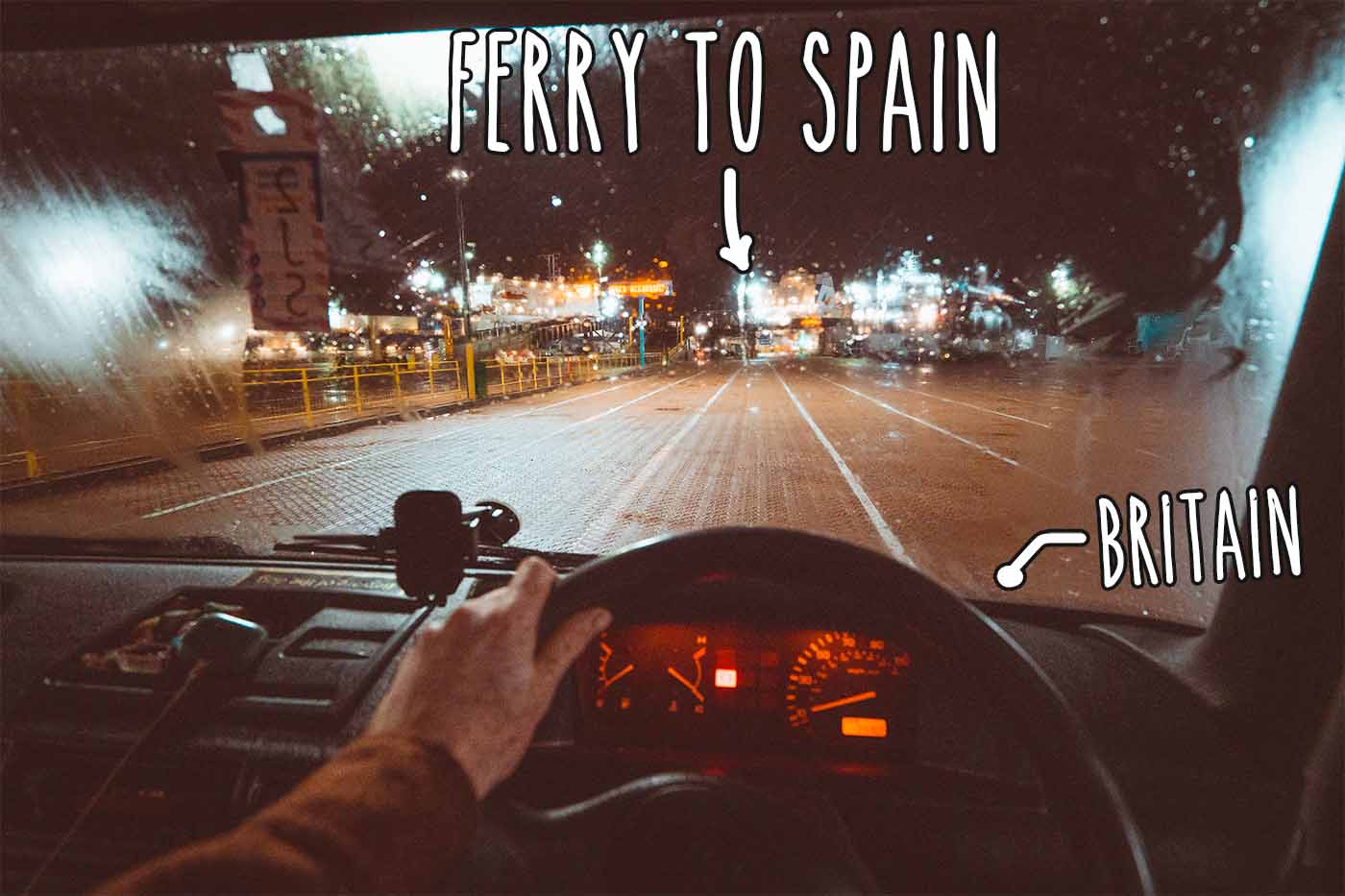 driving campervan onto a ferry from driver's point of view