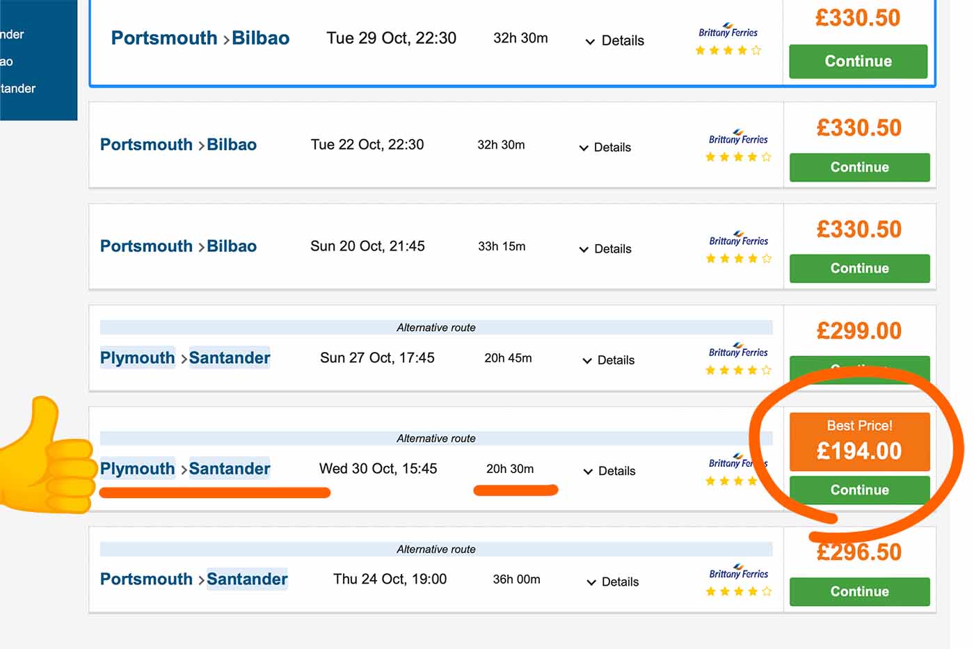 UK to Spain ferry prices with cheapest highlighted