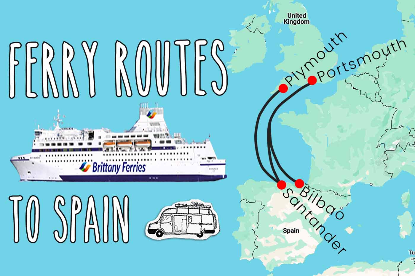 Map showing 3 different ferry routes from the UK to Spain