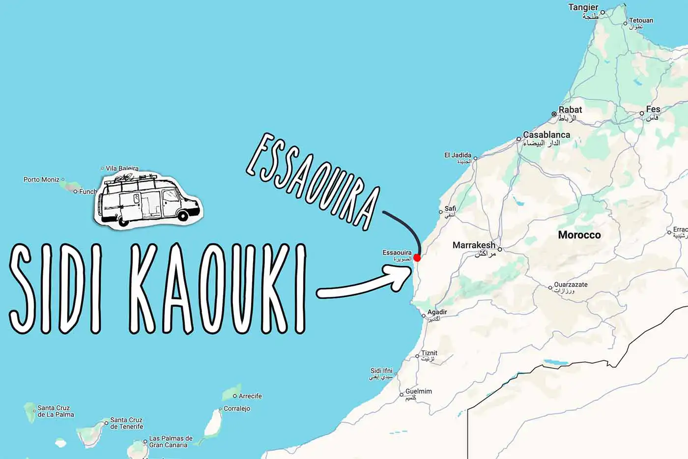 map showing the rough location of Sidi Kaouki, Morocco