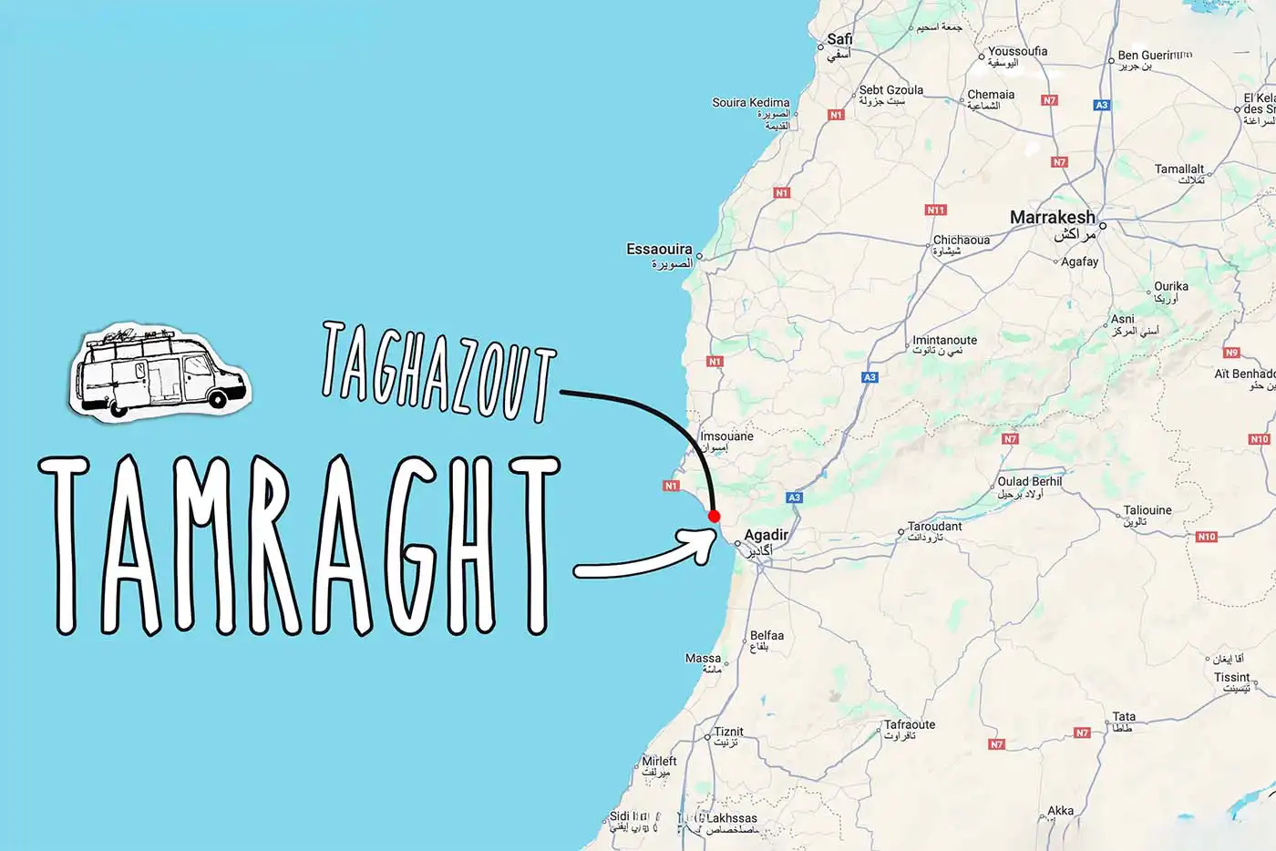 map showing rough location of Tamraght, Morocco