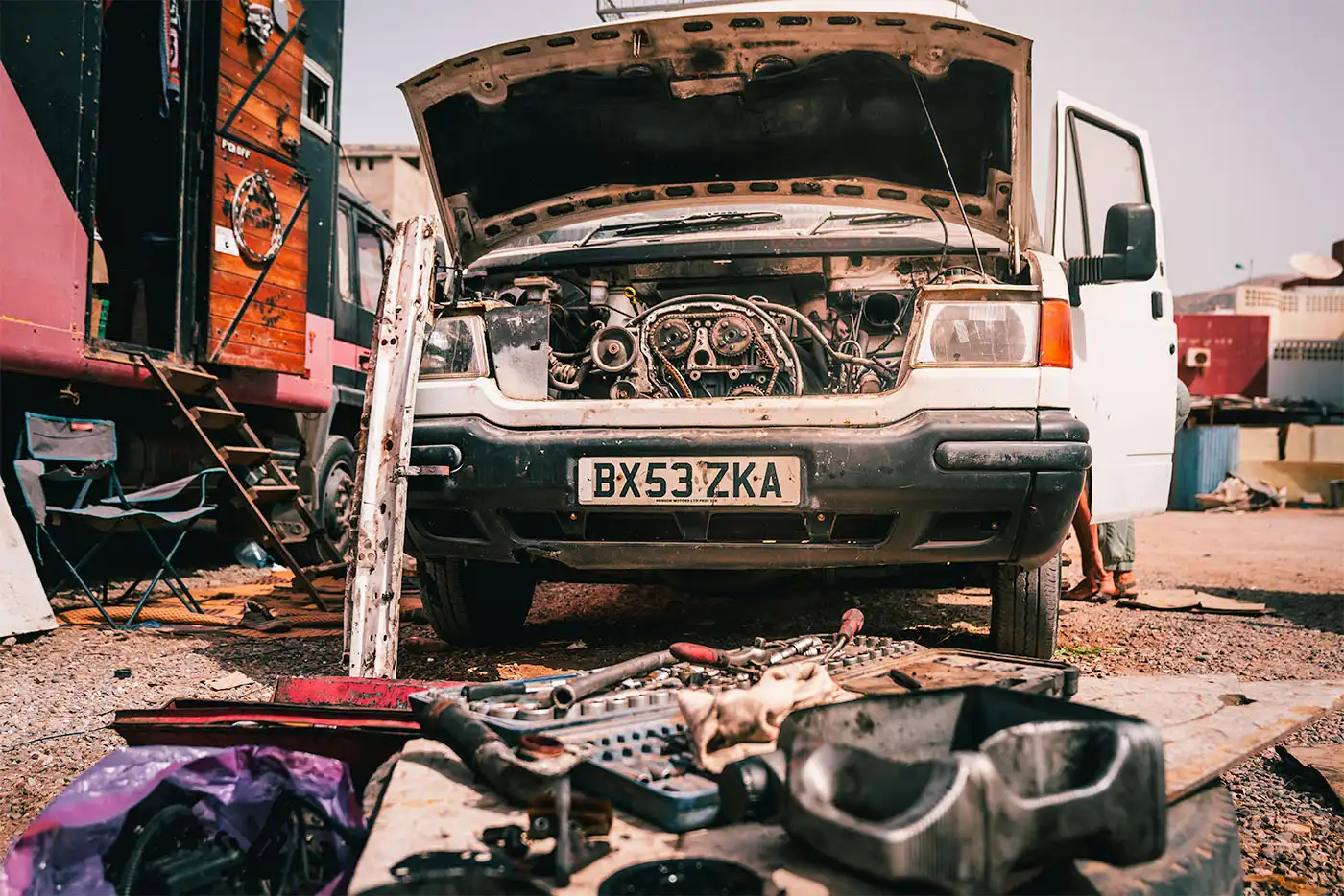 campervan with frontend removing exposing timing chain